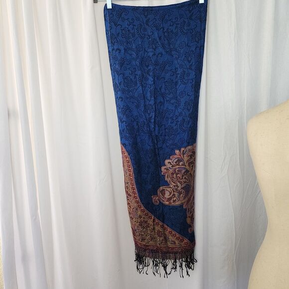 Pashmina Shawl Scarf Large Wool Blend Soft Blue Gold Tan Reversible Travel - Picture 9 of 9